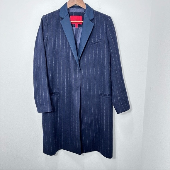 Mango Women's Navy Pinstripe Wool Blend Longline Coat Blogger Favorite Size S - Picture 1 of 9